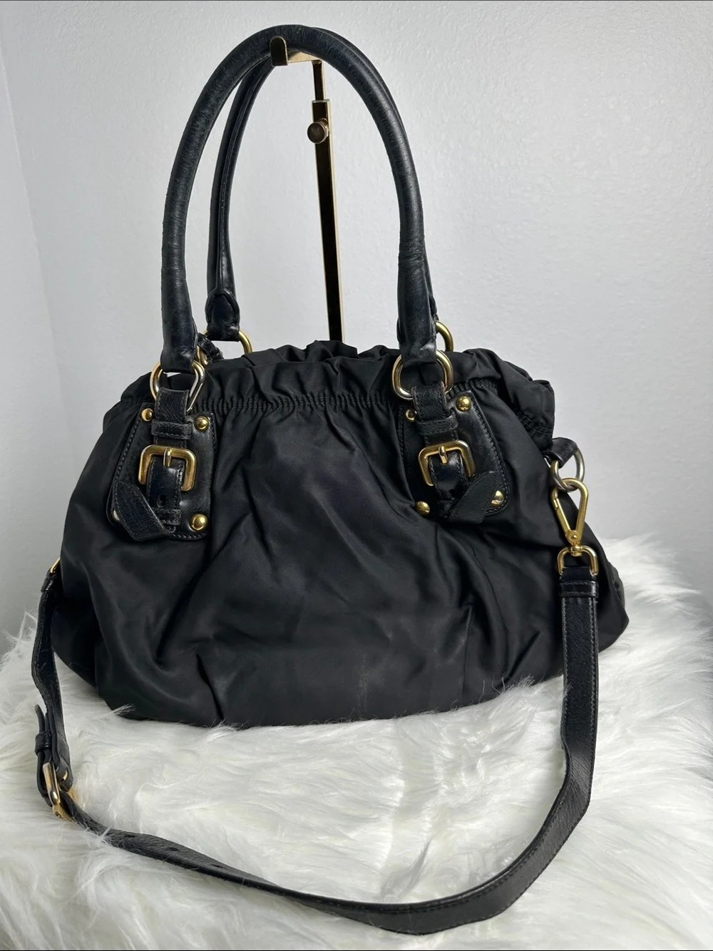 💯Authentic Prada Tessuto Nylon Gathered Satchel Shoulder Bag Black🍀